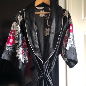 Silky Black Floral Satin Kimono Robe with Pink Accents